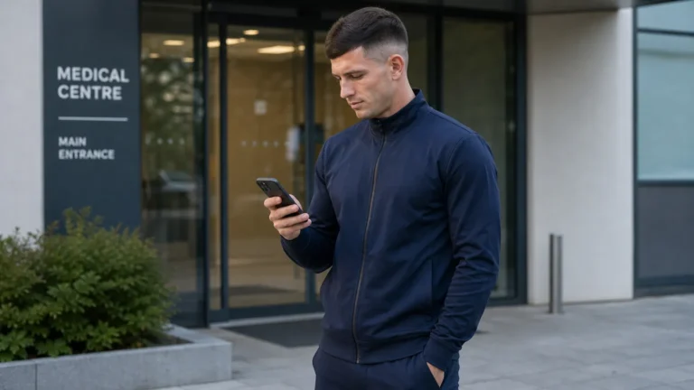 Robbie Ure in neutrale sportkleding aan de ingang van een medisch centrum.