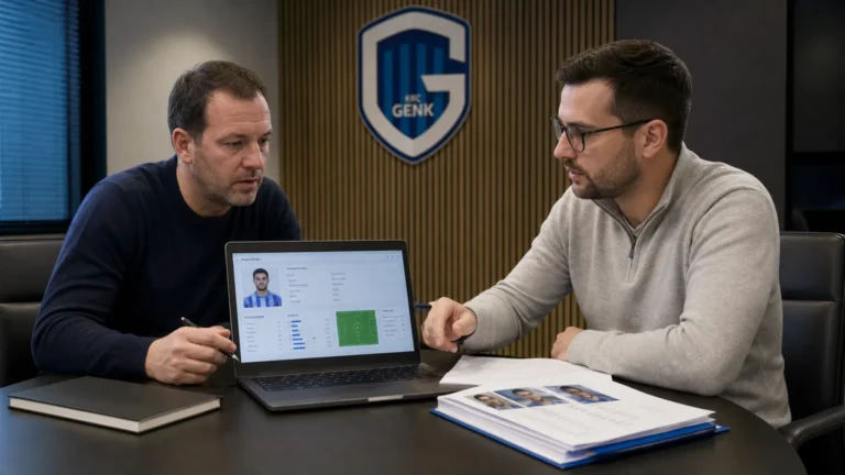 Medewerkers bekijken spelersinformatie in een vergaderruimte van KRC Genk.