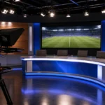 Verlichte televisiestudio met voetbalmonitoren en opnamecamera na een analyse-uitzending.