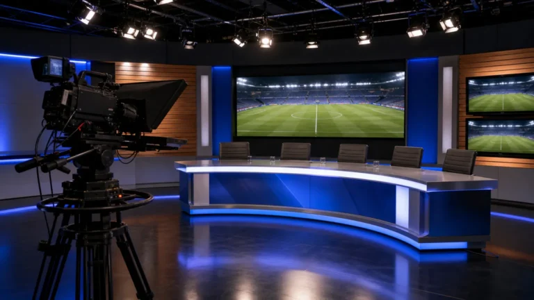 Verlichte televisiestudio met voetbalmonitoren en opnamecamera na een analyse-uitzending.