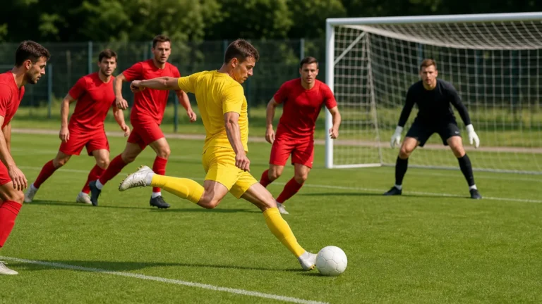 Een speler in geel schiet tijdens een oefenwedstrijd op doel terwijl verdedigers in rood proberen in te grijpen.