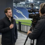 Een televisieverslaggever en cameraman bij een KAA Gent-interviewzone naast het veld.