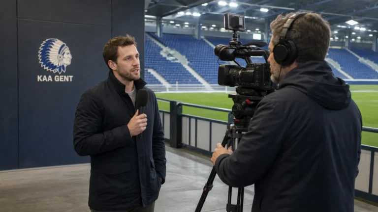 Een televisieverslaggever en cameraman bij een KAA Gent-interviewzone naast het veld.