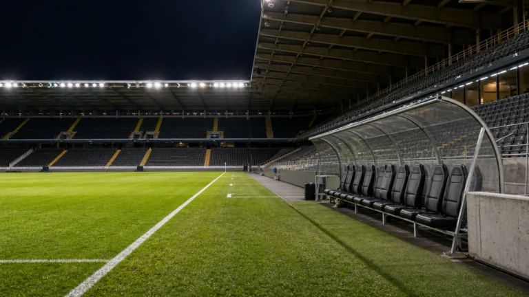 Een leeg verlicht voetbalveld kort na een wedstrijd.