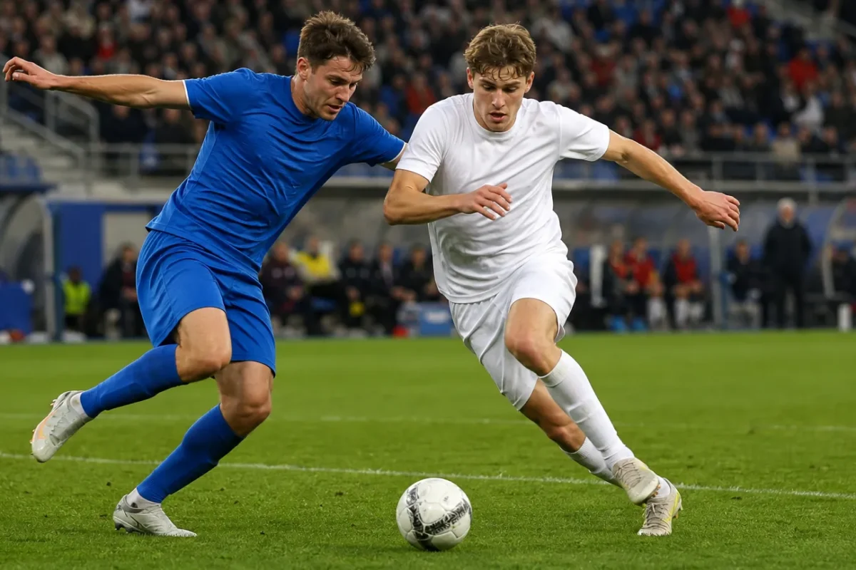 Twee voetballers duelleren op het middenveld tijdens een wedstrijd in een gevuld stadion.