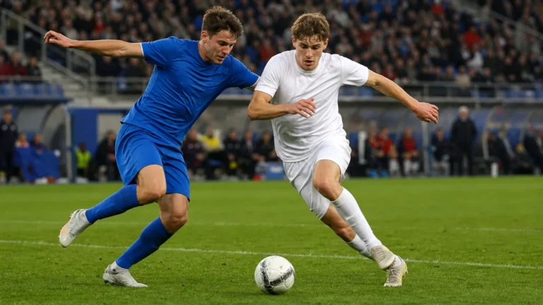 Twee voetballers duelleren op het middenveld tijdens een wedstrijd in een gevuld stadion.