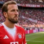 Harry Kane in het tenue van Bayern München aan de rand van het veld.