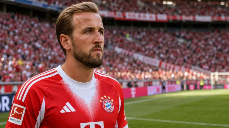 Harry Kane in het tenue van Bayern München aan de rand van het veld.