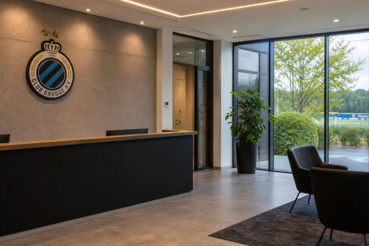 Operationele ontvangsthal van Club Brugge met een discreet clubembleem aan de wand.