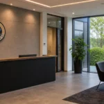 Operationele ontvangsthal van Club Brugge met een discreet clubembleem aan de wand.