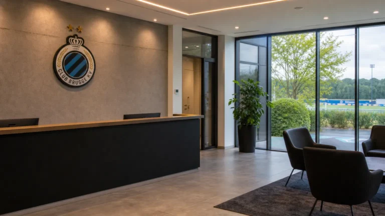 Operationele ontvangsthal van Club Brugge met een discreet clubembleem aan de wand.