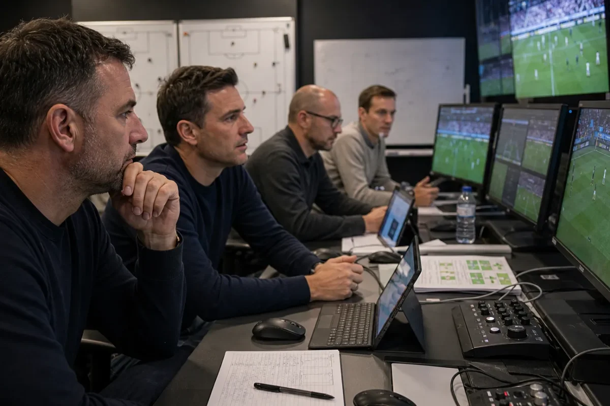 Voetbalregiekamer waar medewerkers livebeelden van een wedstrijd analyseren.
