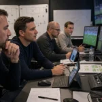 Voetbalregiekamer waar medewerkers livebeelden van een wedstrijd analyseren.