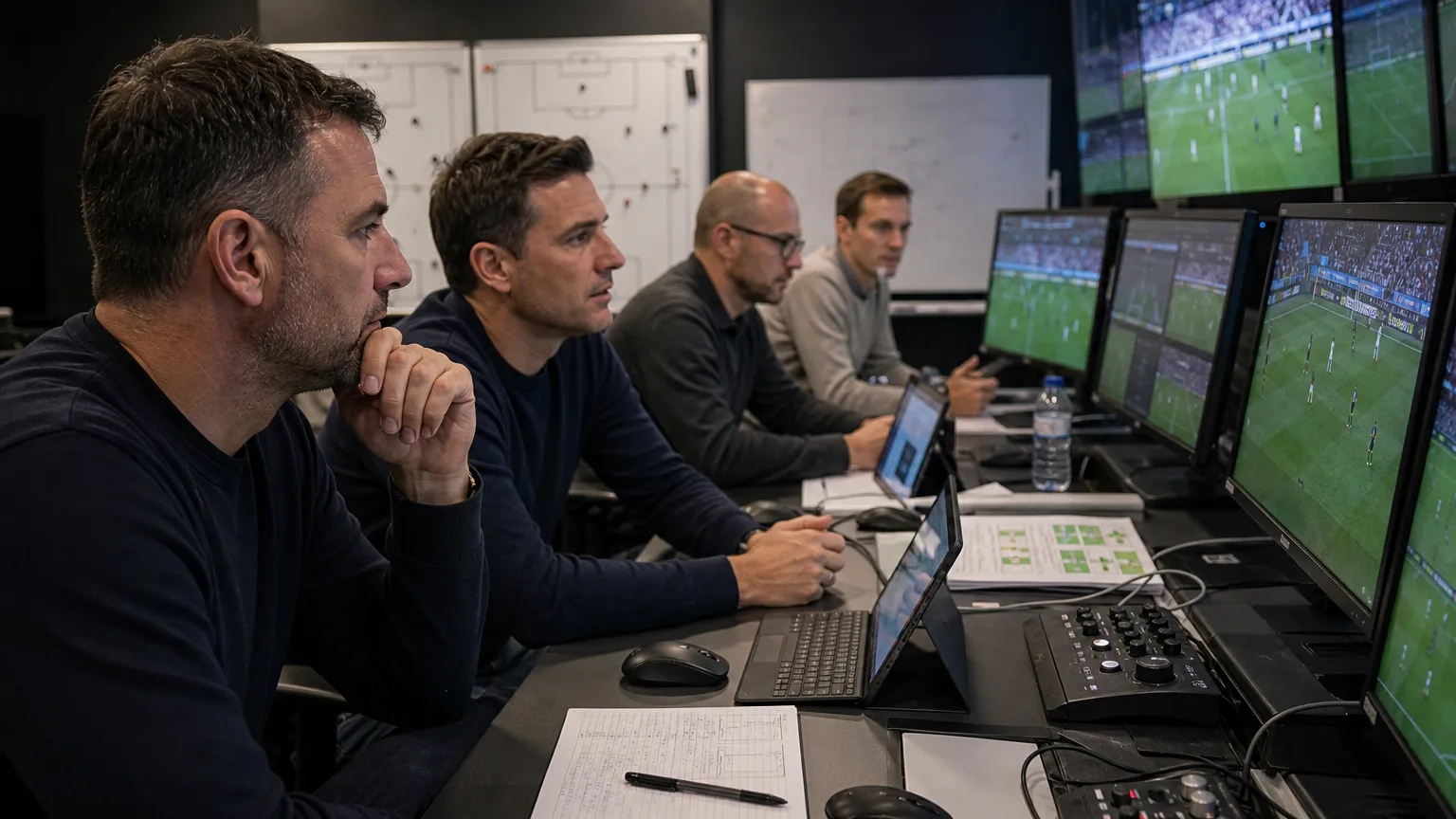 Voetbalregiekamer waar medewerkers livebeelden van een wedstrijd analyseren.