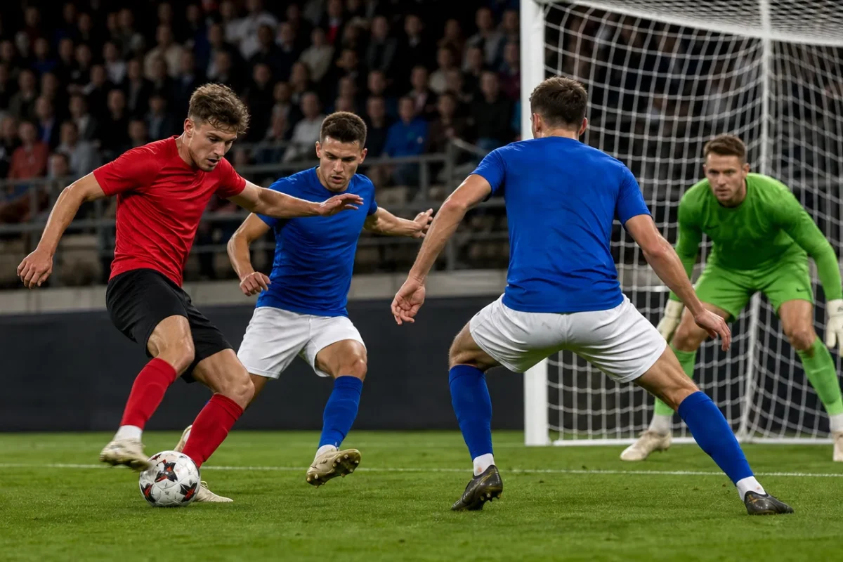 Een aanvallende voetbalactie vlak voor doel in een Belgisch stadion.