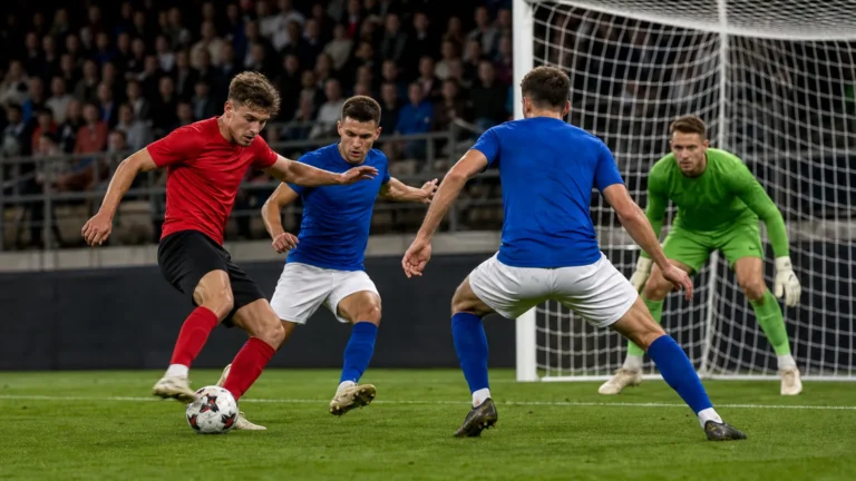 Een aanvallende voetbalactie vlak voor doel in een Belgisch stadion.