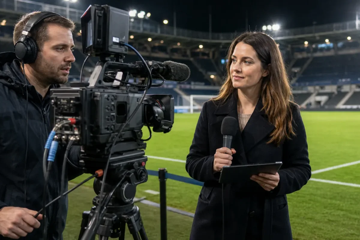 Televisiecamera en interviewer in een professionele interviewzone naast een voetbalveld.