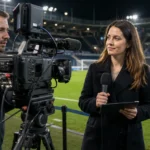 Televisiecamera en interviewer in een professionele interviewzone naast een voetbalveld.