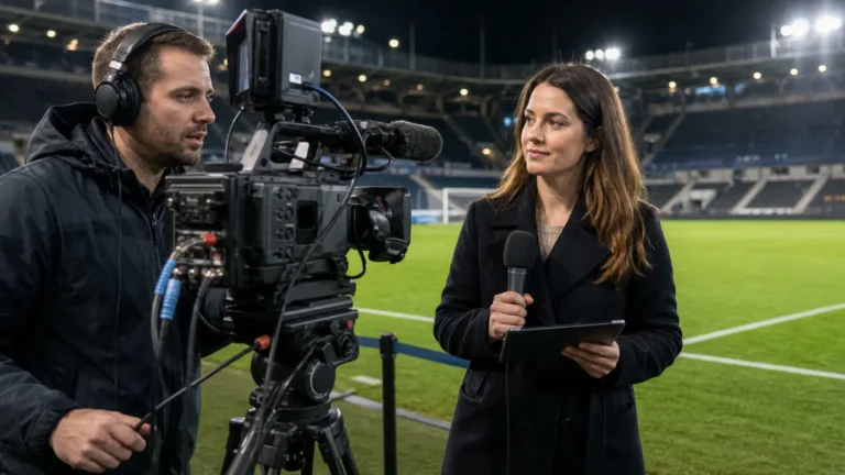 Televisiecamera en interviewer in een professionele interviewzone naast een voetbalveld.