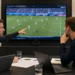 Medewerkers bekijken spelersbeelden in een kantoor van KRC Genk.