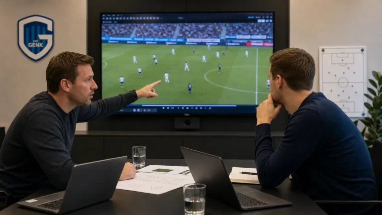 Medewerkers bekijken spelersbeelden in een kantoor van KRC Genk.