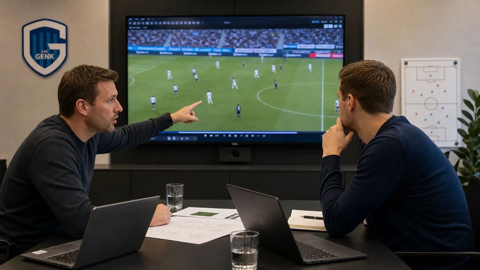 Medewerkers bekijken spelersbeelden in een kantoor van KRC Genk.