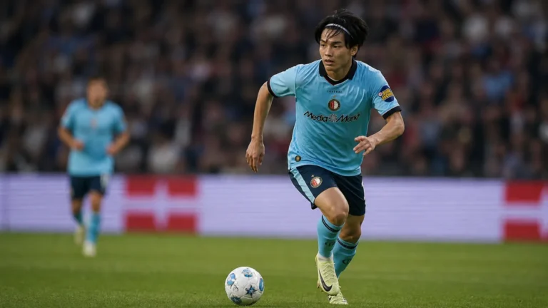 Ayase Ueda in een lichtblauw Feyenoord-shirt tijdens een voetbalactie op het veld.