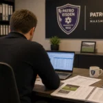 Een medewerker van Patro Eisden van achteren in een clubkantoor met transferdocumenten.