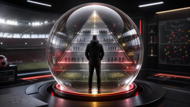 Glazen bol met een symbolische hoofdcoach voor een vaste sportieve structuur in een Belgisch voetbalstadion