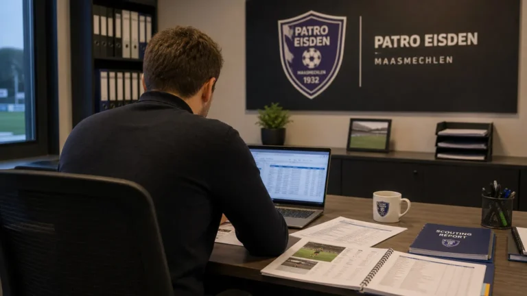 Een medewerker van Patro Eisden van achteren in een clubkantoor met transferdocumenten.