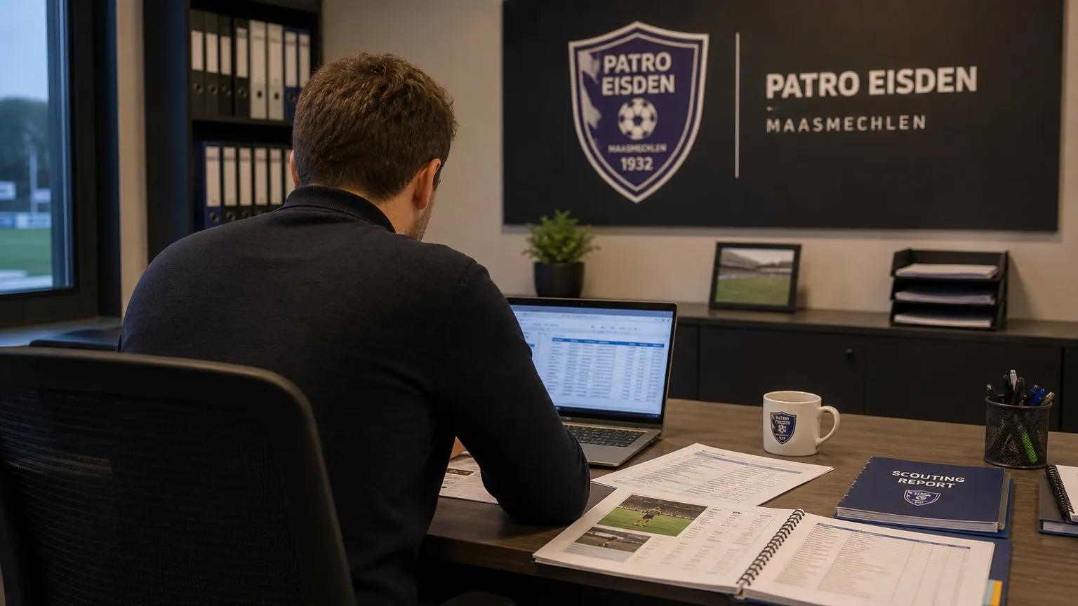 Een medewerker van Patro Eisden van achteren in een clubkantoor met transferdocumenten.