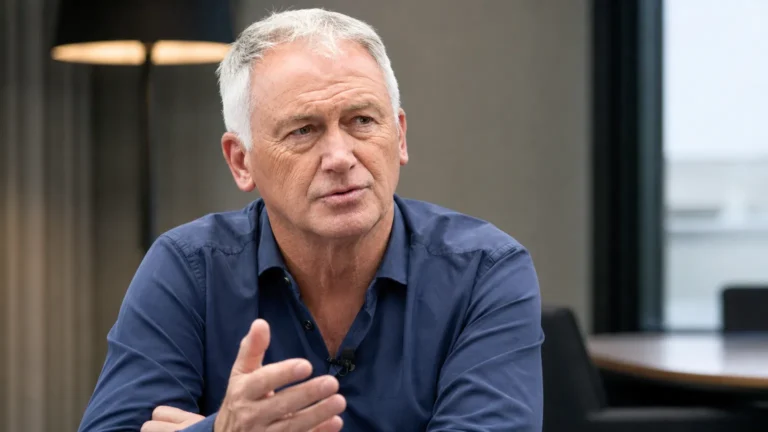 Marc Degryse tijdens een sportjournalistiek interview in een rustige studioruimte.