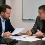 Twee clubvertegenwoordigers in gesprek aan een vergadertafel.