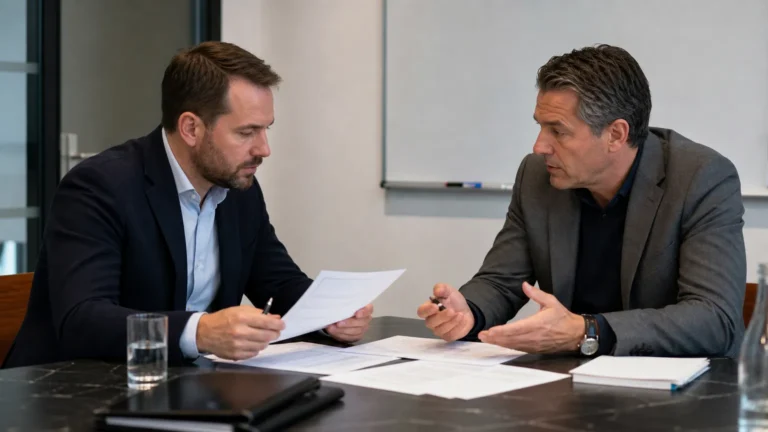 Twee clubvertegenwoordigers in gesprek aan een vergadertafel.
