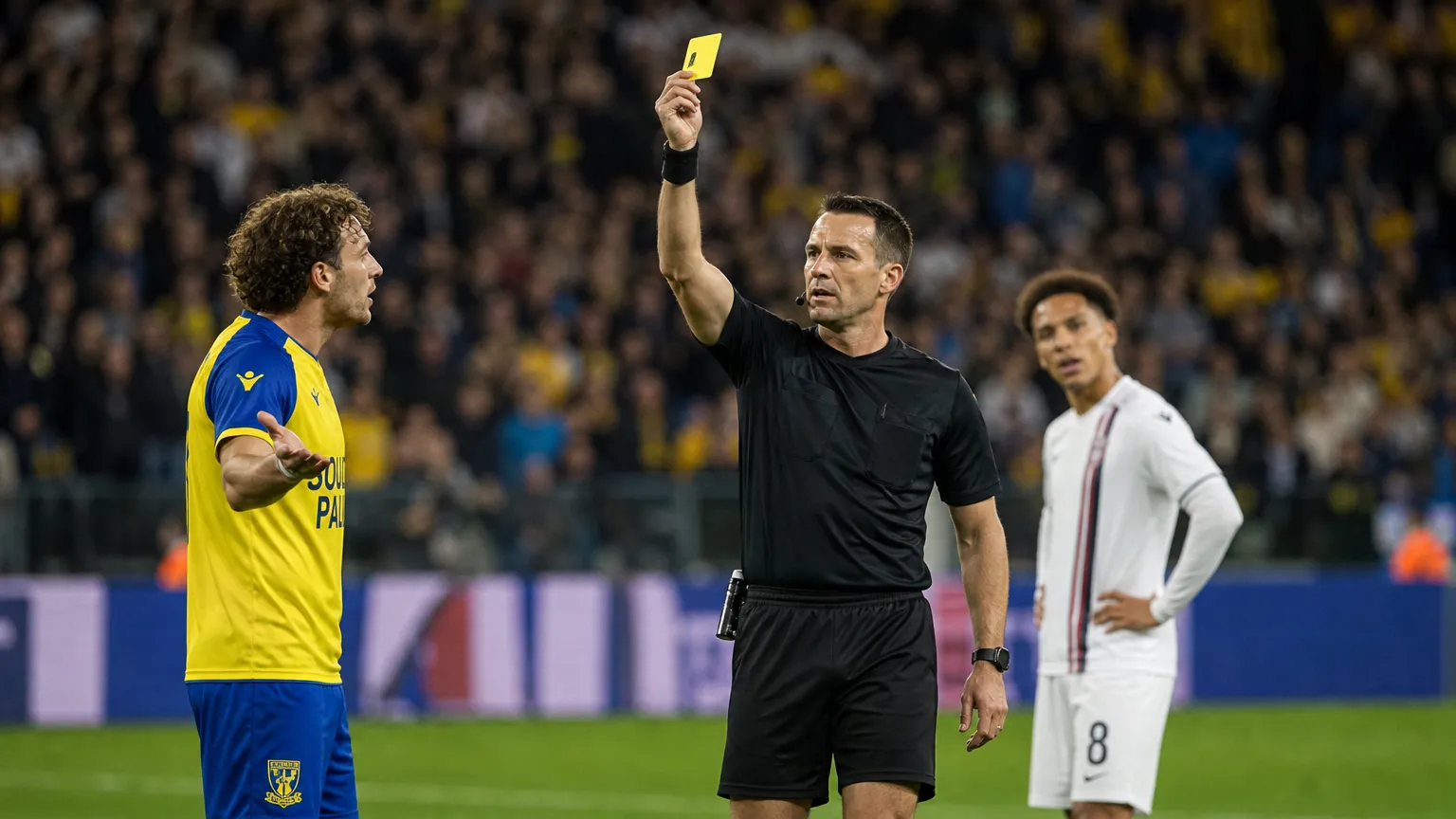Een scheidsrechter toont tijdens een voetbalwedstrijd een gele kaart.