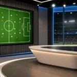 Een moderne voetbalanalysestudio met een tactisch scherm en een leeg presentatiedesk.