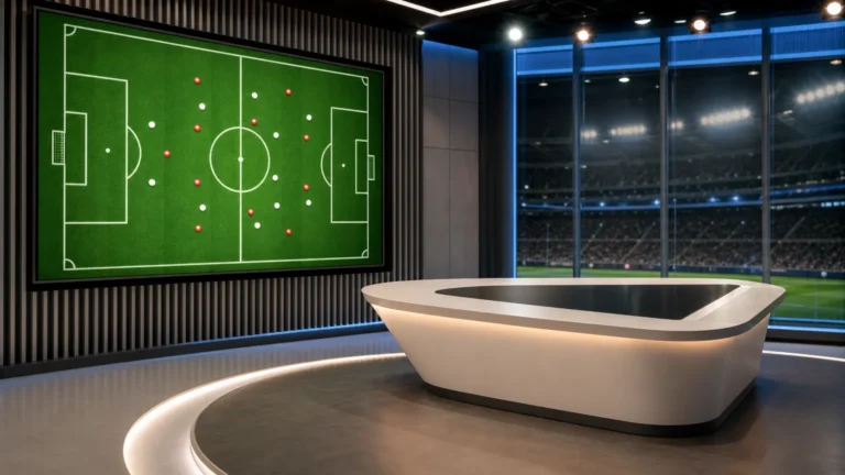 Een moderne voetbalanalysestudio met een tactisch scherm en een leeg presentatiedesk.