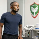 Yira Sor in neutrale sportkleding in een medische testruimte van Amedspor.
