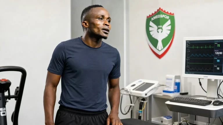 Yira Sor in neutrale sportkleding in een medische testruimte van Amedspor.