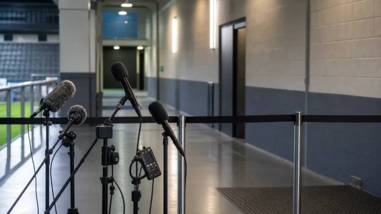 Een lege mixed zone met microfoons en opnameapparatuur na een voetbalwedstrijd.