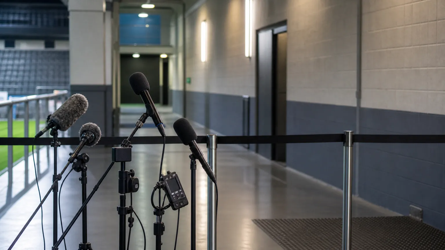 Een lege mixed zone met microfoons en opnameapparatuur na een voetbalwedstrijd.