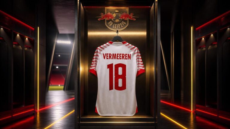 Centraal shirt van RB Leipzig met Vermeeren en rugnummer 18 in een futuristische kleedkamer