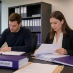 Administratieve medewerkers verwerken documenten in een kantoor van RSC Anderlecht.