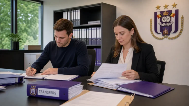 Administratieve medewerkers verwerken documenten in een kantoor van RSC Anderlecht.