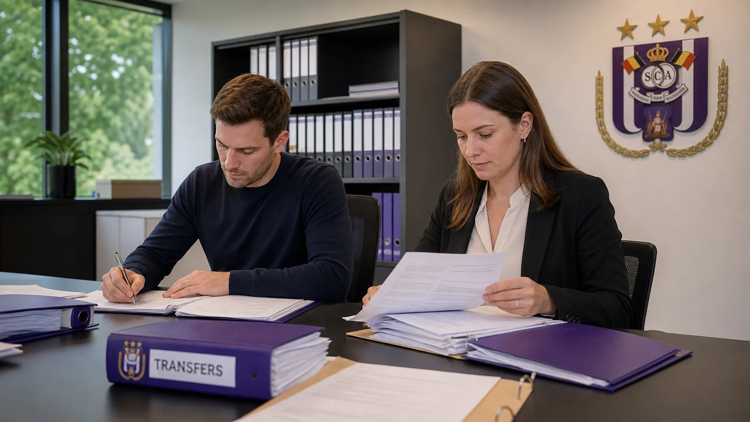Administratieve medewerkers verwerken documenten in een kantoor van RSC Anderlecht.