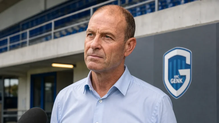 Jess Thorup spreekt na afloop met een journalist in een KRC Genk-omgeving.