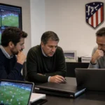 Medewerkers in een voetbalrekruteringkantoor met een discreet Atlético Madrid-wanddetail.