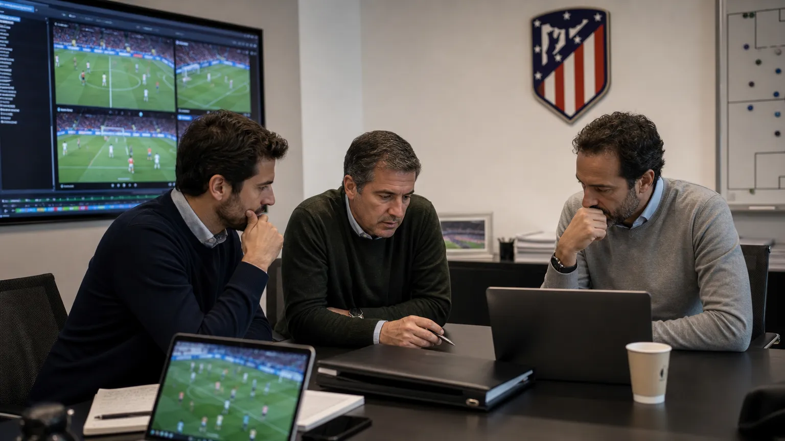 Medewerkers in een voetbalrekruteringkantoor met een discreet Atlético Madrid-wanddetail.