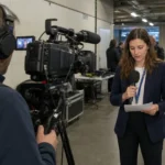 Een cameraman en verslaggever in een stadionzone na een voetbalwedstrijd.