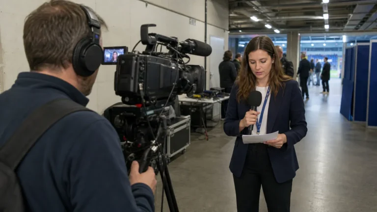 Een cameraman en verslaggever in een stadionzone na een voetbalwedstrijd.